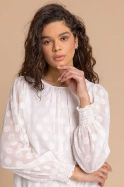 Roman White Textured Spot Shirred Cuff Top 10 Roman White Textured Spot Shirred Cuff Top -Roman Sales Shop unnamed file 5566