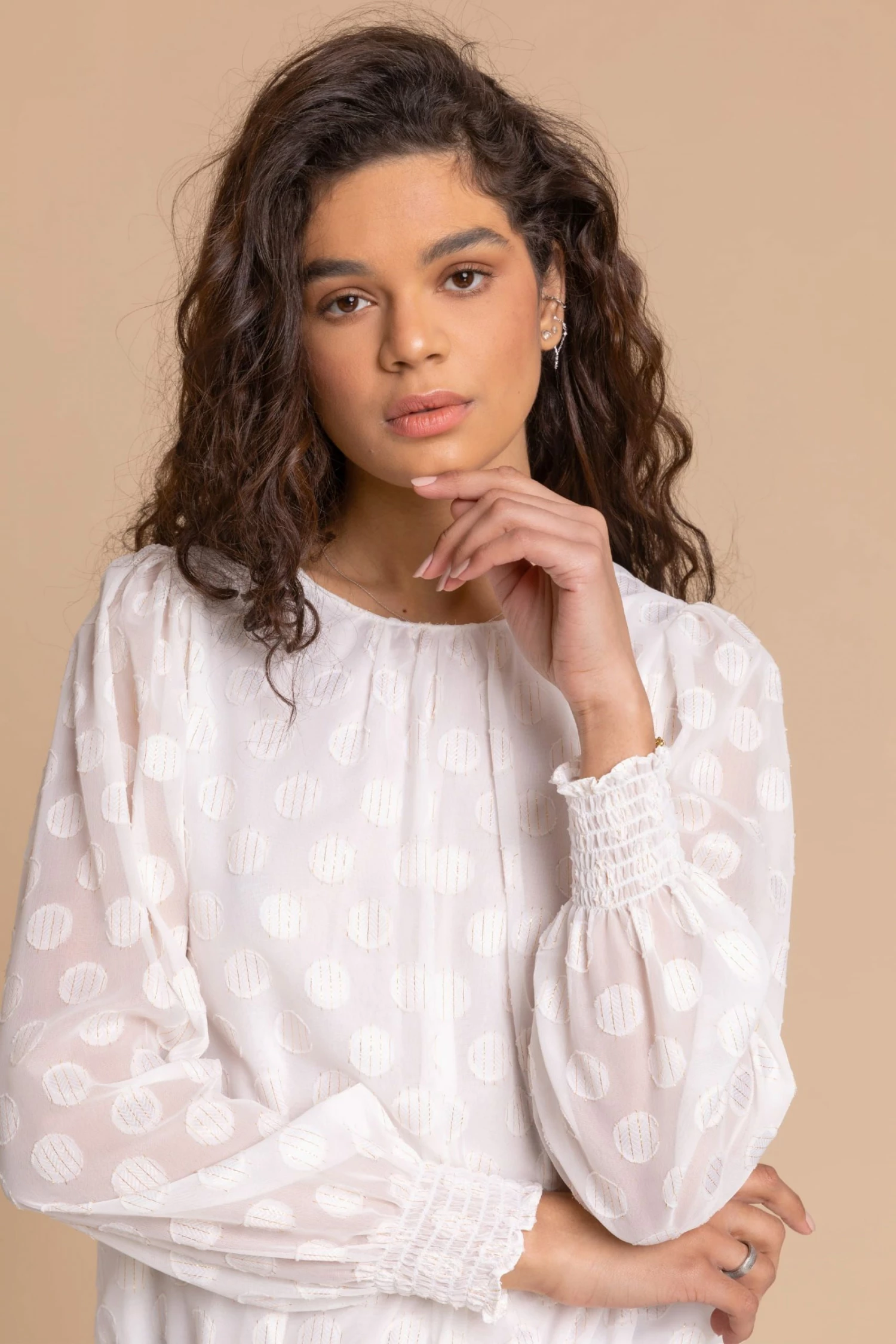 Roman White Textured Spot Shirred Cuff Top 6 Roman White Textured Spot Shirred Cuff Top - Image 4