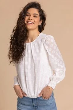 Roman White Textured Spot Shirred Cuff Top 11 Roman White Textured Spot Shirred Cuff Top -Roman Sales Shop unnamed file 5567