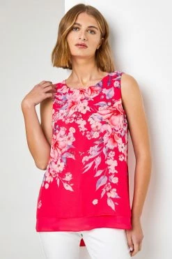 Roman Pink Floral Print Chiffon Overlay Top