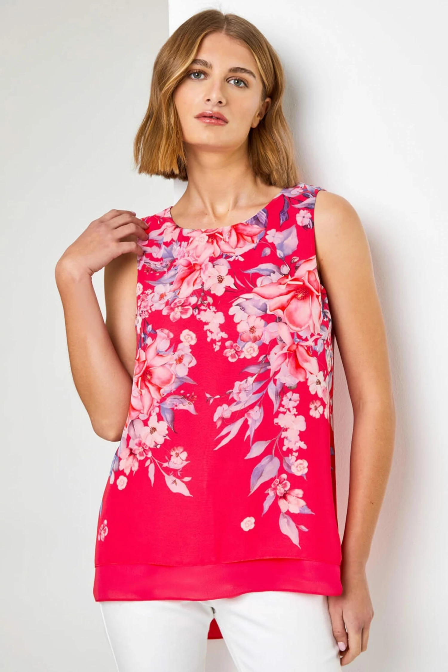 Roman Pink Floral Print Chiffon Overlay Top 3 Roman Pink Floral Print Chiffon Overlay Top