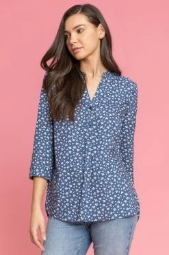 Roman Blue Ditsy Spot Print Notch Neck Top