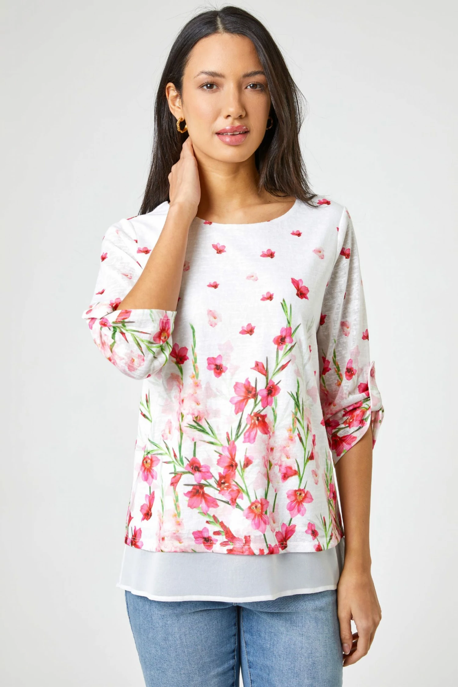 Roman White Floral Border Print Chiffon Hem Top 3 Roman White Floral Border Print Chiffon Hem Top