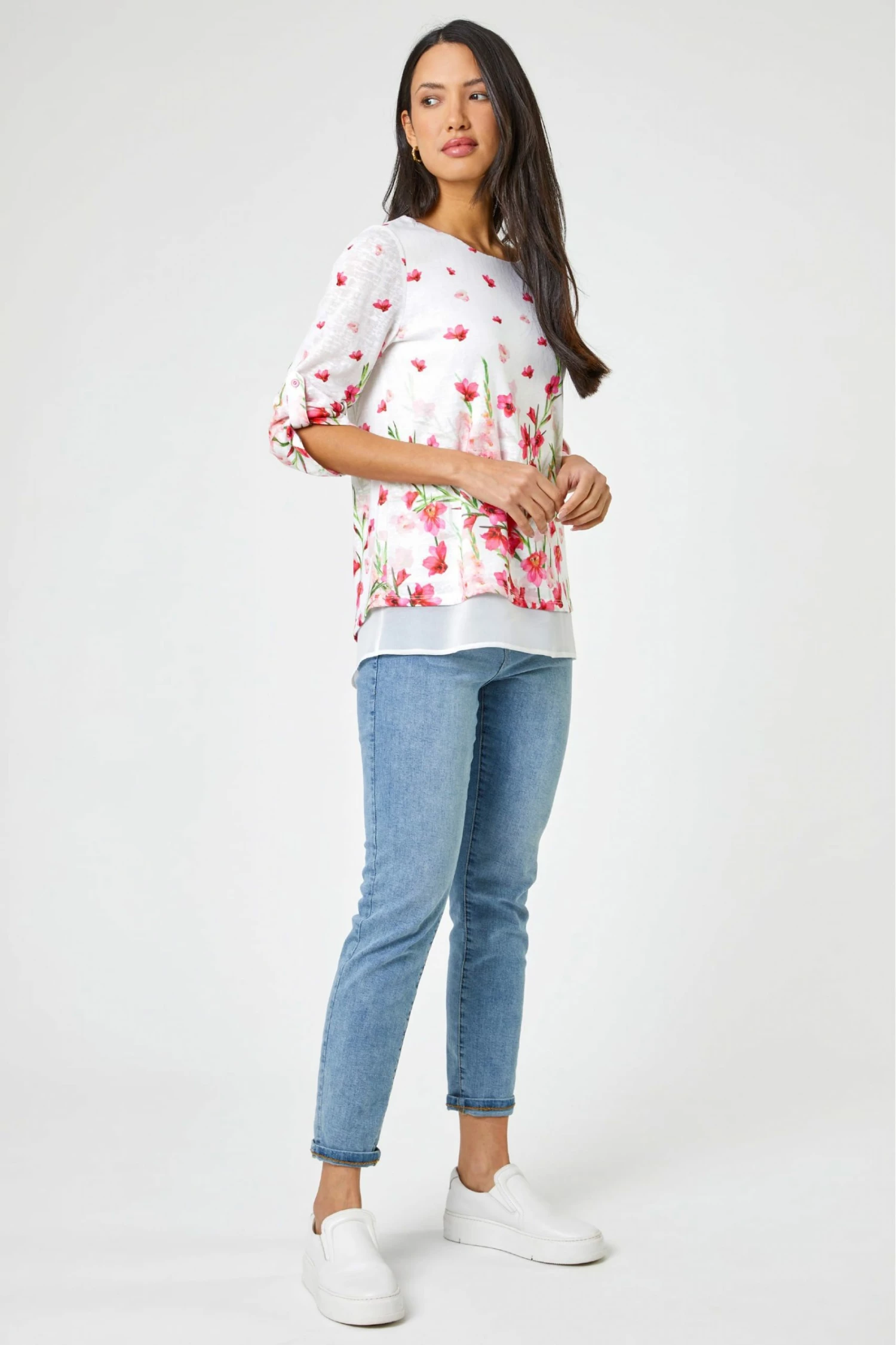 Roman White Floral Border Print Chiffon Hem Top 4 Roman White Floral Border Print Chiffon Hem Top - Image 2