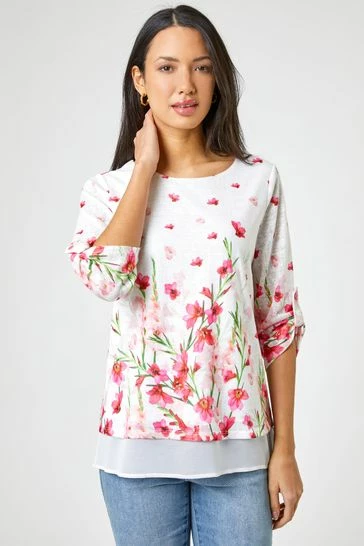 Roman White Floral Border Print Chiffon Hem Top 7 Roman White Floral Border Print Chiffon Hem Top - Image 5