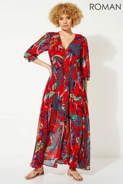 Roman Red Tropical Print Belted Maxi Dress -Roman Sales Shop unnamed file 56