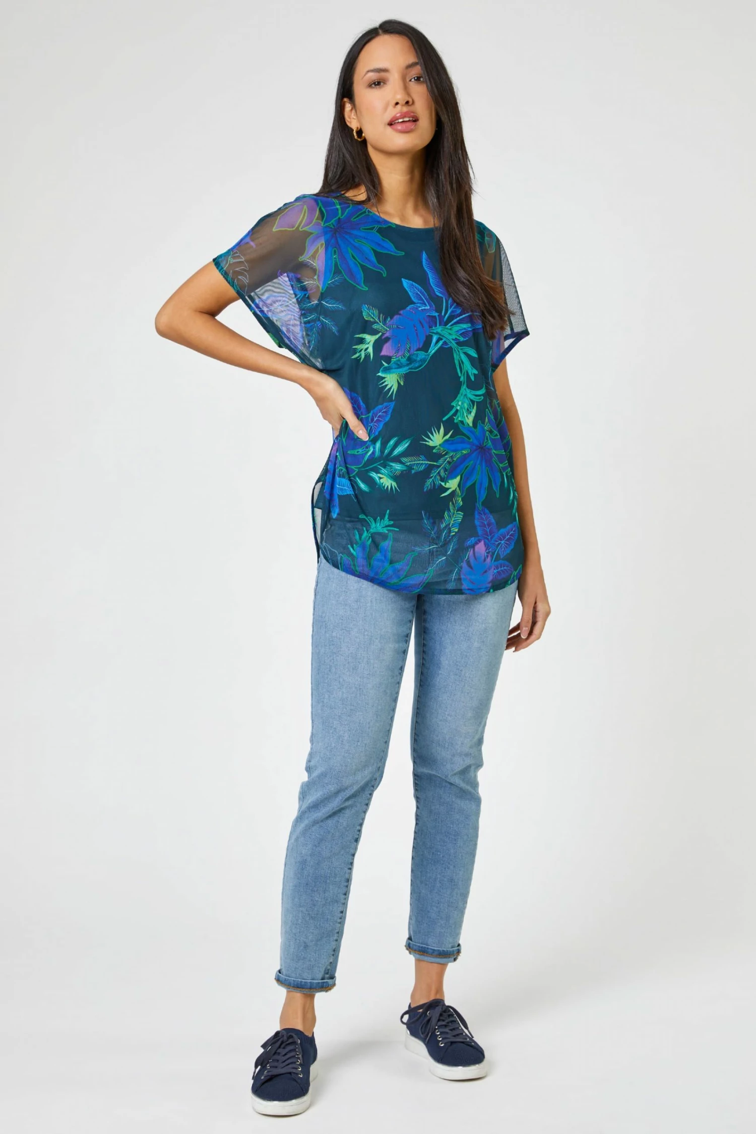 Roman Blue Tropical Print Mesh Overlay Top 4 Roman Blue Tropical Print Mesh Overlay Top - Image 2
