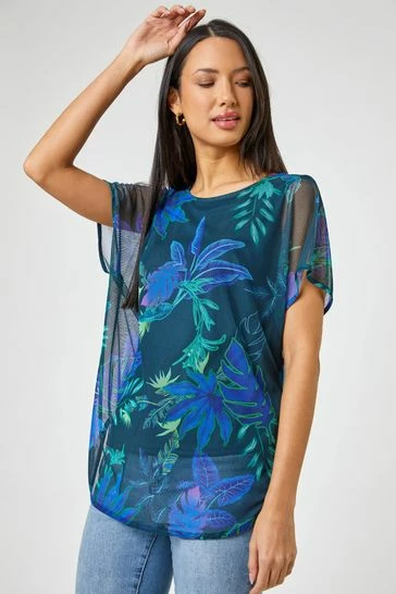 Roman Blue Tropical Print Mesh Overlay Top 7 Roman Blue Tropical Print Mesh Overlay Top - Image 5