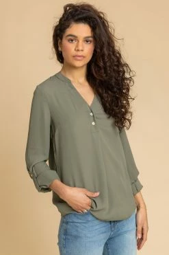 Roman Green Plain Buttoned Notch Neck Top
