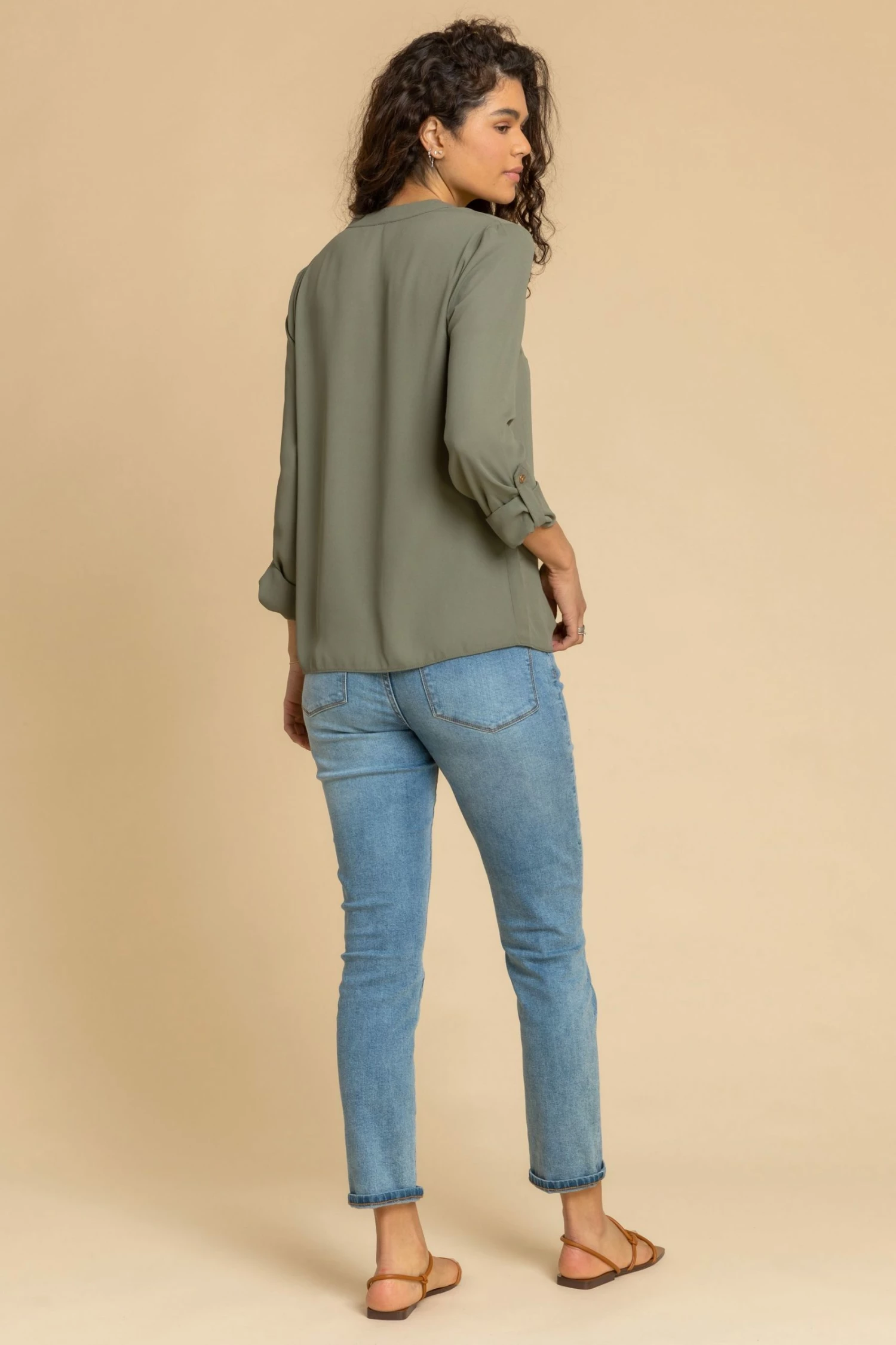 Roman Green Plain Buttoned Notch Neck Top 4 Roman Green Plain Buttoned Notch Neck Top - Image 2