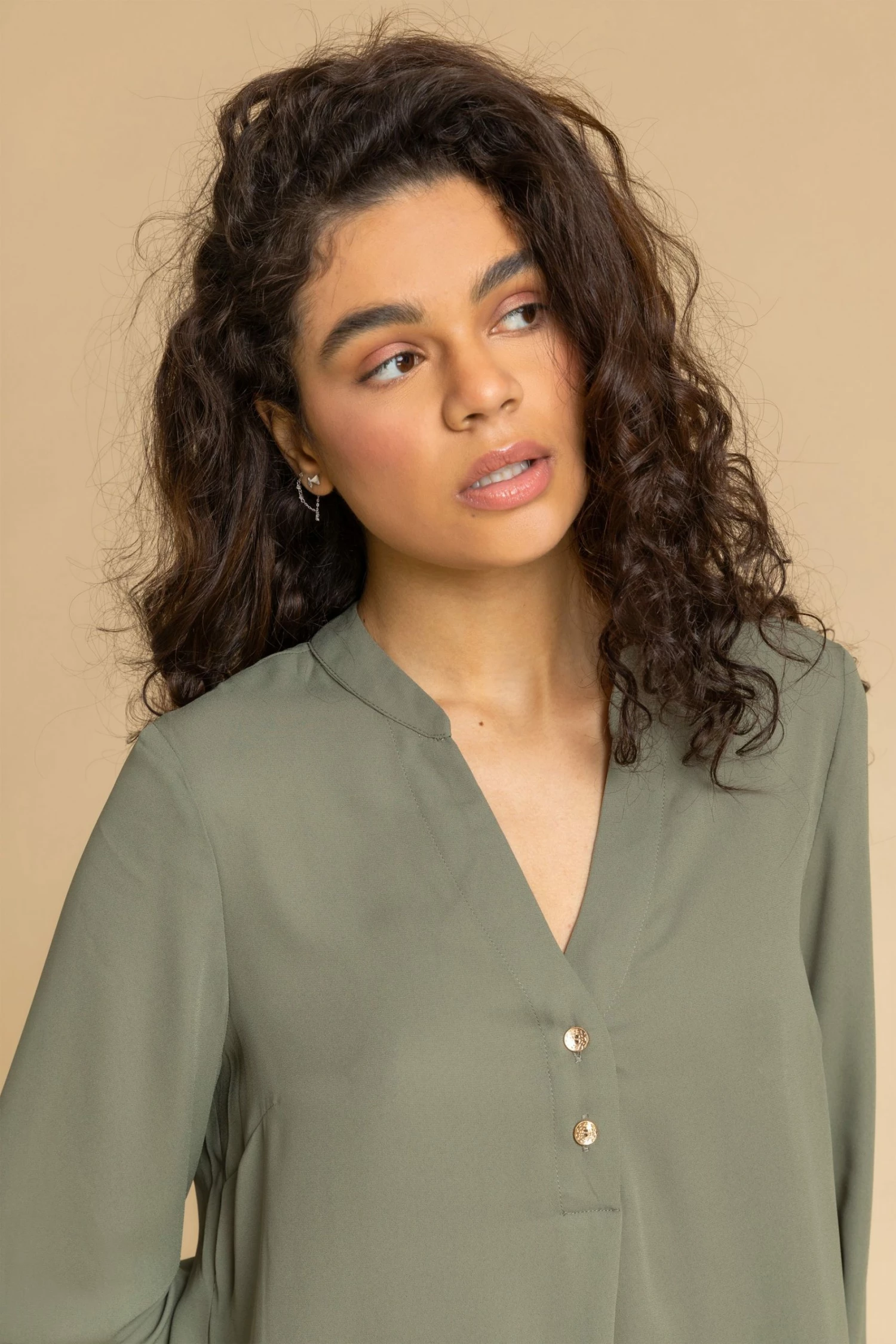 Roman Green Plain Buttoned Notch Neck Top 6 Roman Green Plain Buttoned Notch Neck Top - Image 4