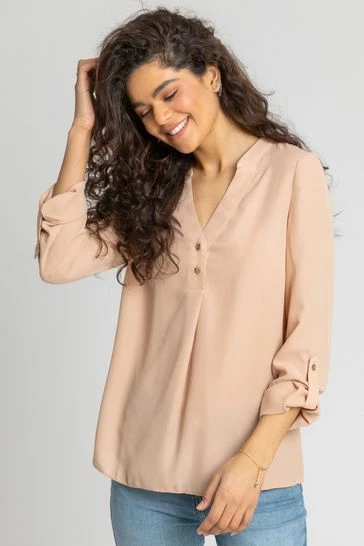 Roman Green Plain Buttoned Notch Neck Top 8 Roman Green Plain Buttoned Notch Neck Top - Image 6