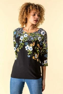 Roman Black Floral Border Print Top