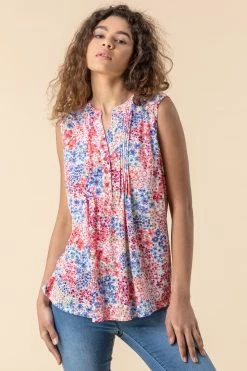 Roman Multi Floral Print Burnout Button Detail Top