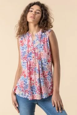 Roman Multi Floral Print Burnout Button Detail Top -Roman Sales Shop unnamed file 5632