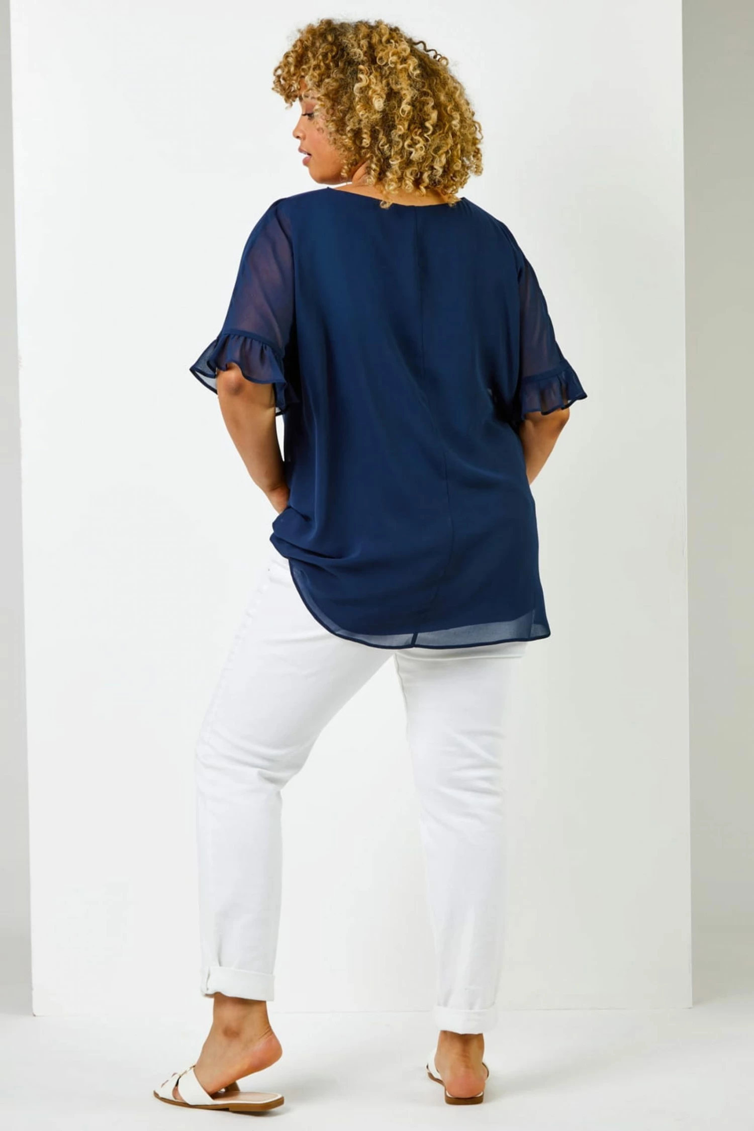 Roman Blue Curve Frill Sleeve Pleat Detail Top 4 Roman Blue Curve Frill Sleeve Pleat Detail Top - Image 2