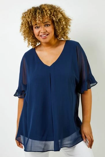 Roman Blue Curve Frill Sleeve Pleat Detail Top 7 Roman Blue Curve Frill Sleeve Pleat Detail Top - Image 5