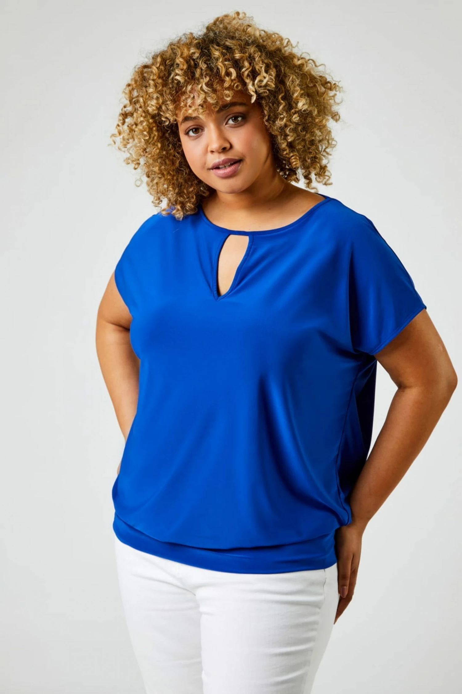 Roman Blue Curve Keyhole Detail Blouson Top 3 Roman Blue Curve Keyhole Detail Blouson Top