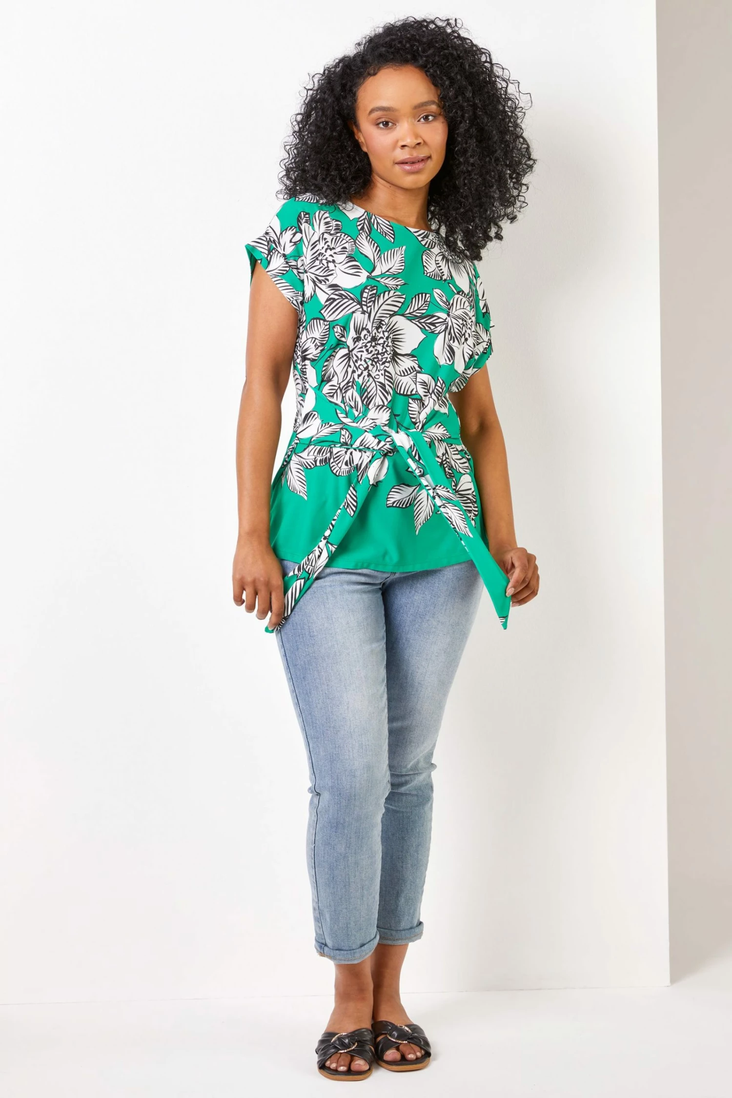 Roman Green Petite Floral Print Waist Tie Top 4 Roman Green Petite Floral Print Waist Tie Top - Image 2