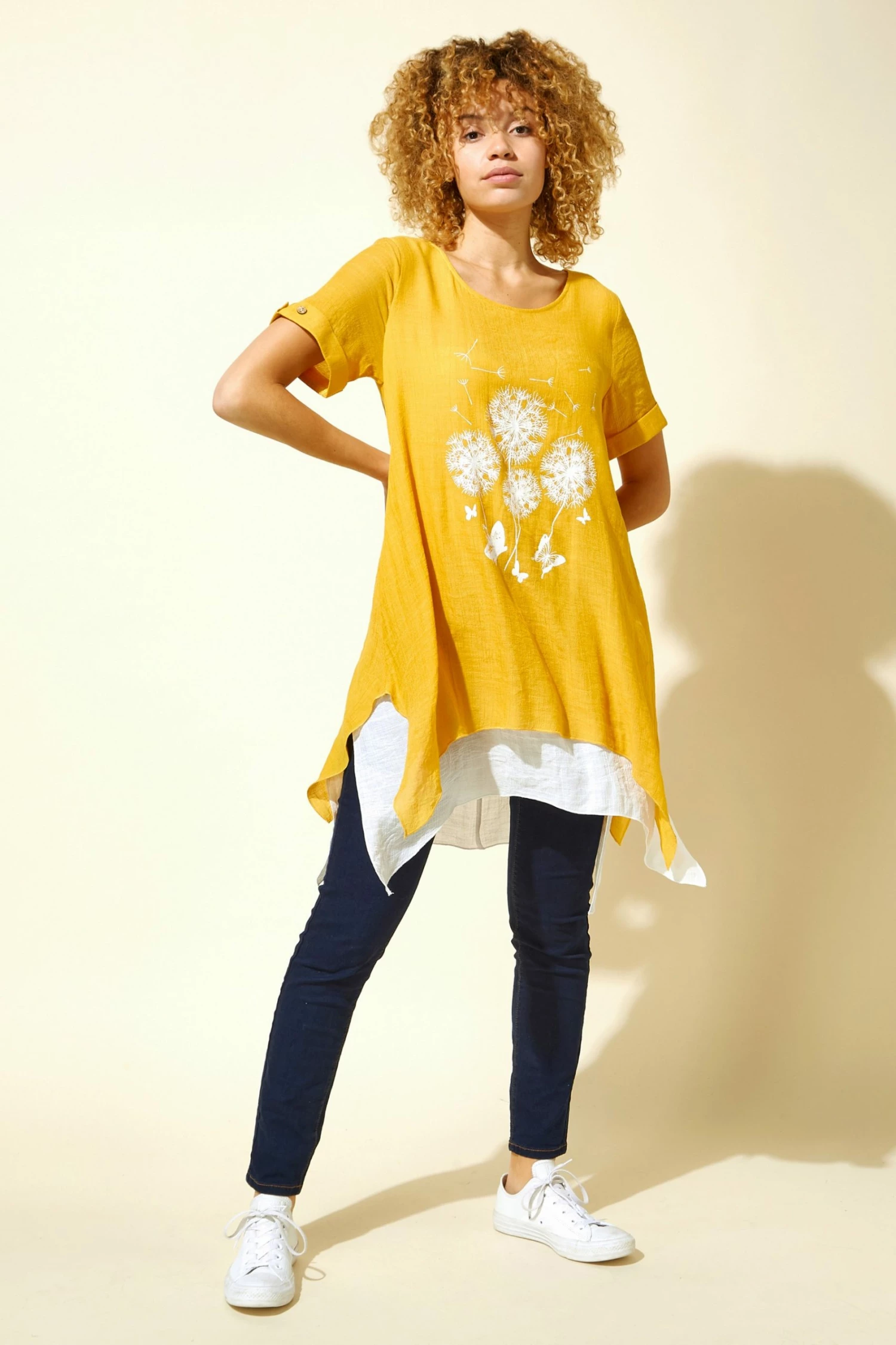 Roman Yellow Dandelion Floral Hanky Hem Tunic Top 4 Roman Yellow Dandelion Floral Hanky Hem Tunic Top - Image 2