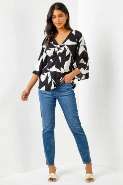 Roman Black Contrast Floral Print Ruched Blouse 9 Roman Black Contrast Floral Print Ruched Blouse -Roman Sales Shop unnamed file 5665