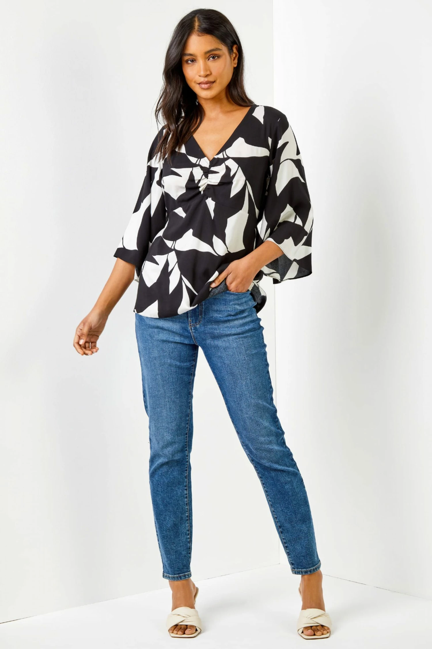 Roman Black Contrast Floral Print Ruched Blouse 5 Roman Black Contrast Floral Print Ruched Blouse - Image 3