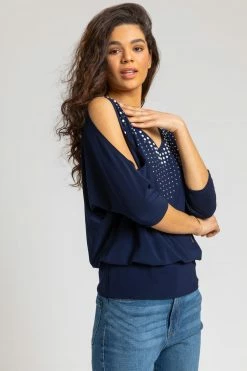 Roman Blue Faux Pearl Embellished Cold Shoulder Top
