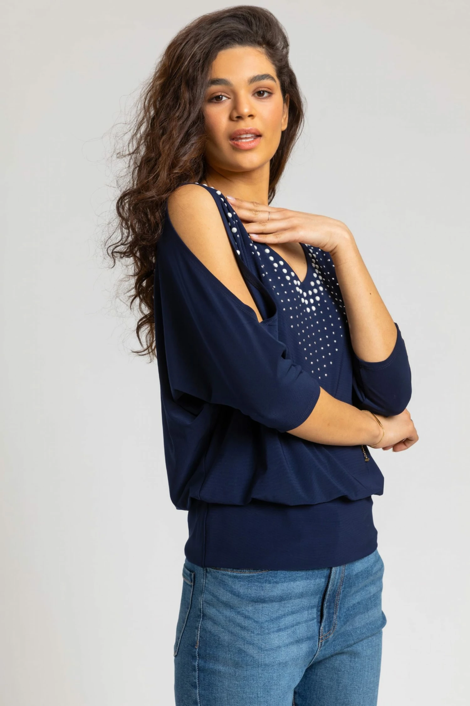 Roman Blue Faux Pearl Embellished Cold Shoulder Top 3 Roman Blue Faux Pearl Embellished Cold Shoulder Top