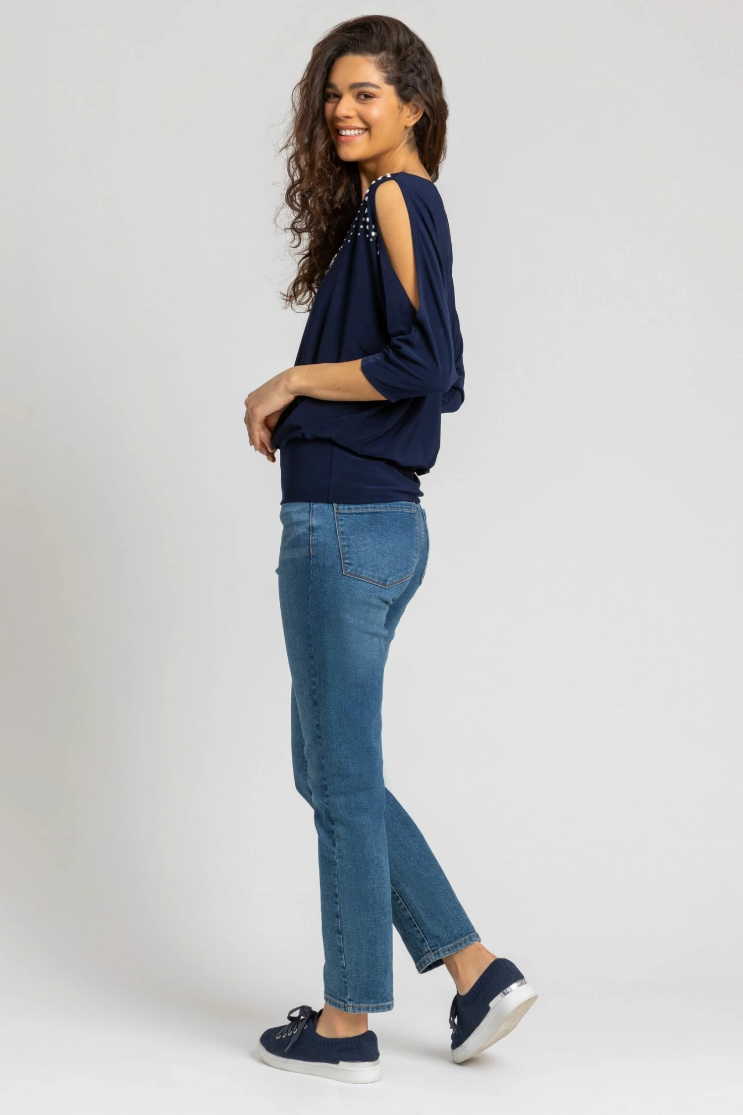 Roman Blue Faux Pearl Embellished Cold Shoulder Top 4 Roman Blue Faux Pearl Embellished Cold Shoulder Top - Image 2