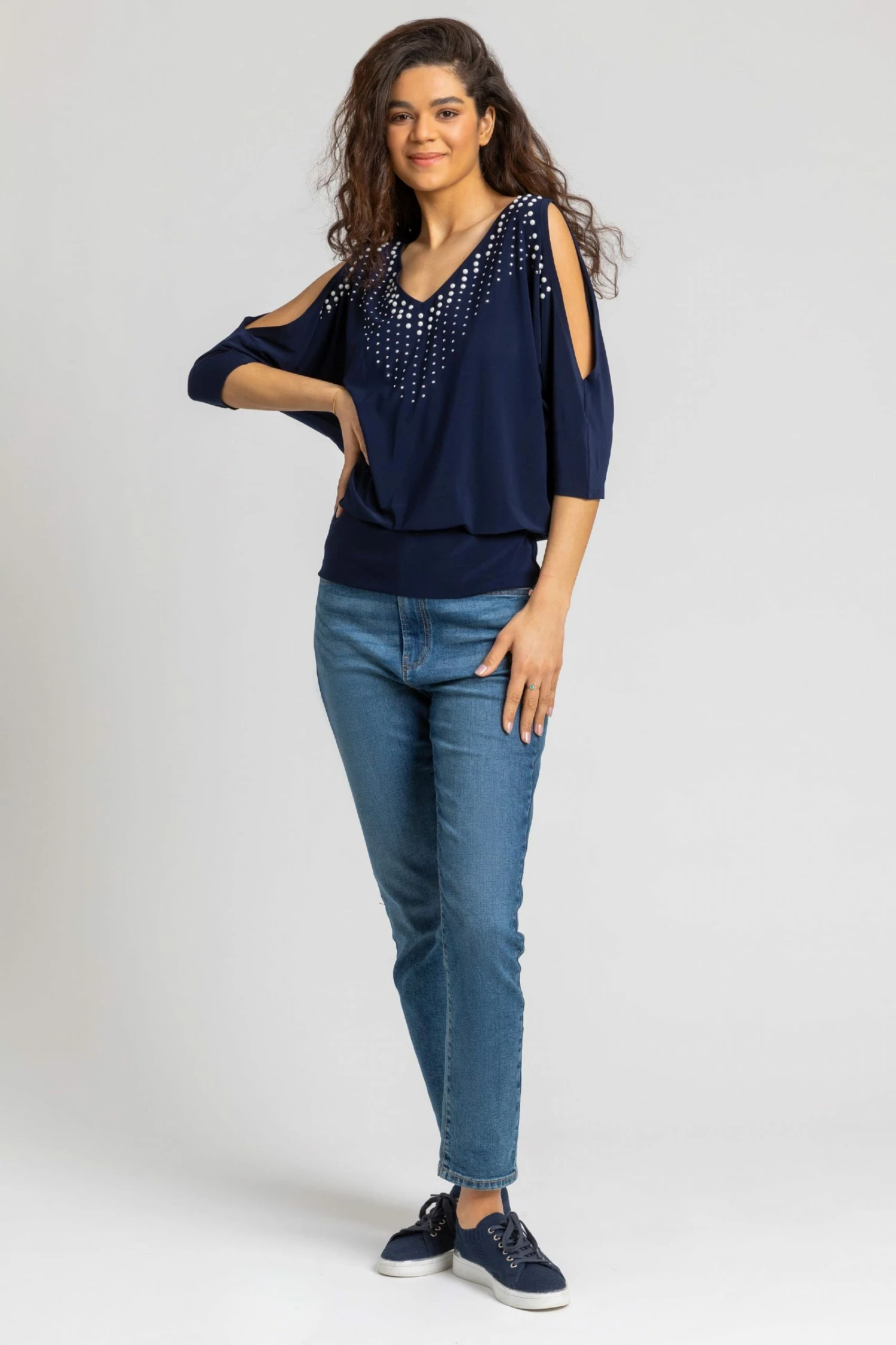 Roman Blue Faux Pearl Embellished Cold Shoulder Top 5 Roman Blue Faux Pearl Embellished Cold Shoulder Top - Image 3