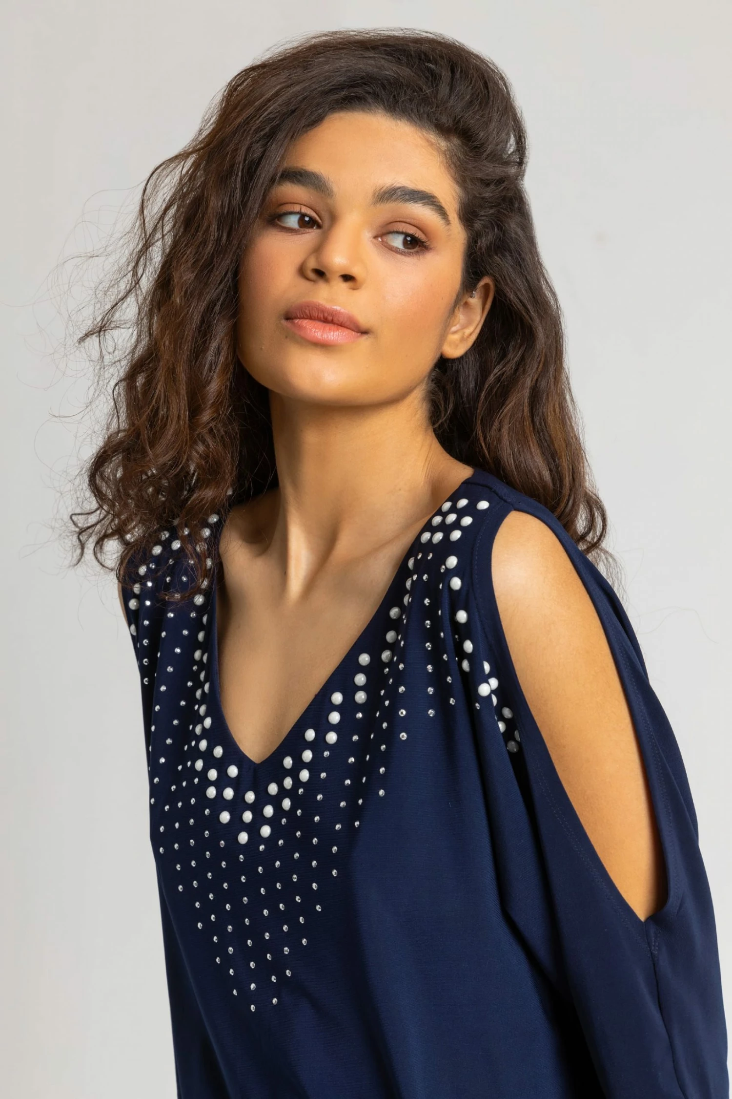 Roman Blue Faux Pearl Embellished Cold Shoulder Top 6 Roman Blue Faux Pearl Embellished Cold Shoulder Top - Image 4