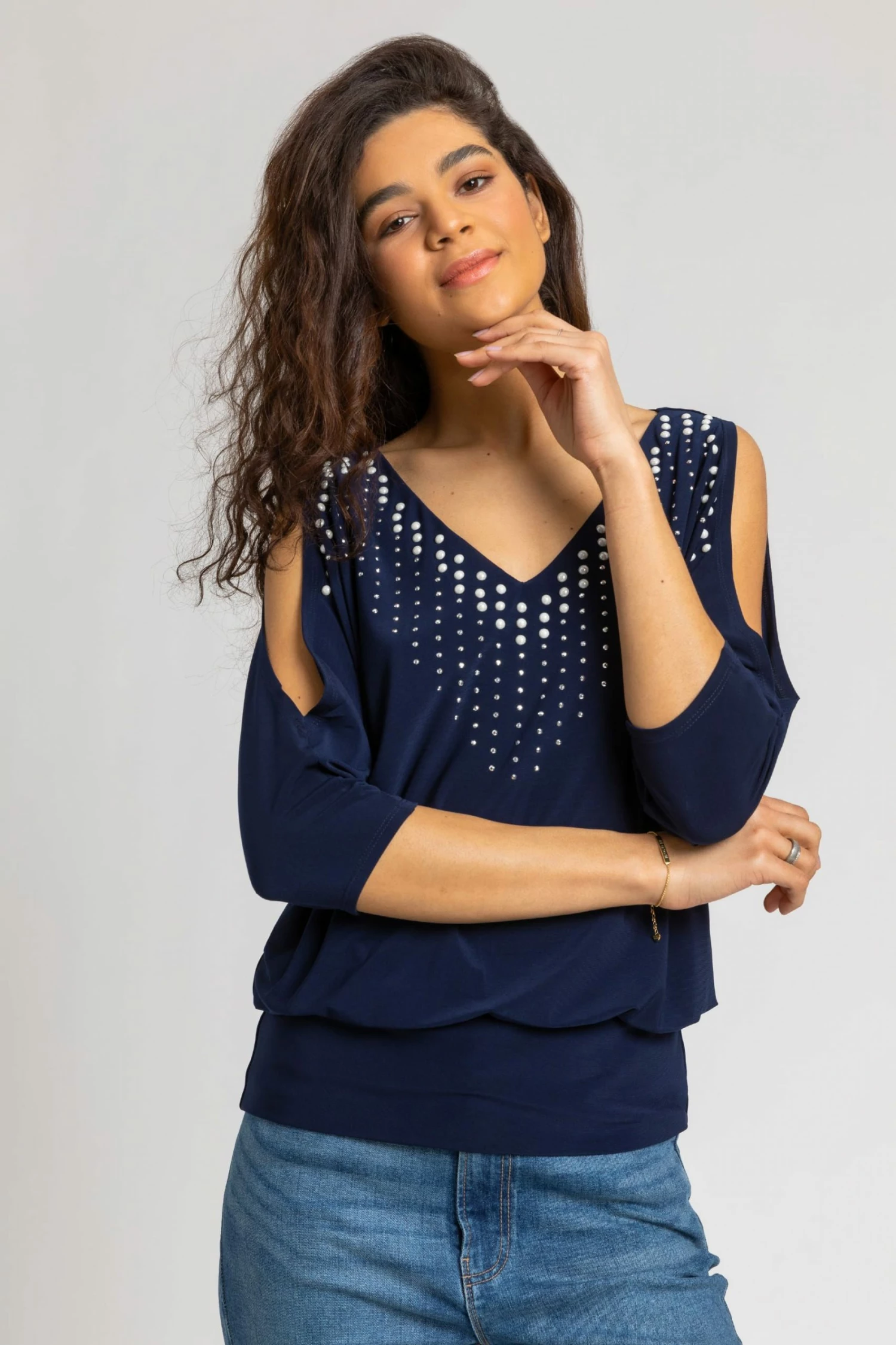 Roman Blue Faux Pearl Embellished Cold Shoulder Top 7 Roman Blue Faux Pearl Embellished Cold Shoulder Top - Image 5