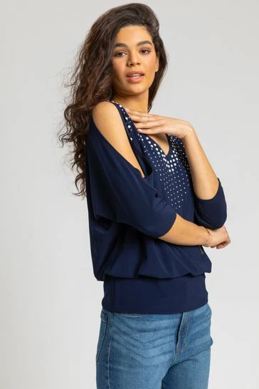 Roman Blue Faux Pearl Embellished Cold Shoulder Top 8 Roman Blue Faux Pearl Embellished Cold Shoulder Top - Image 6