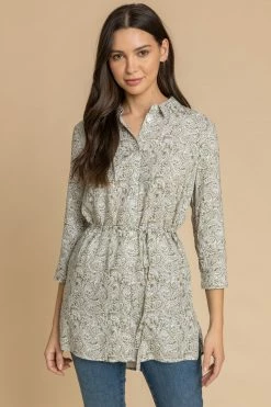 Roman Green Paisley Print Belted Longline Blouse