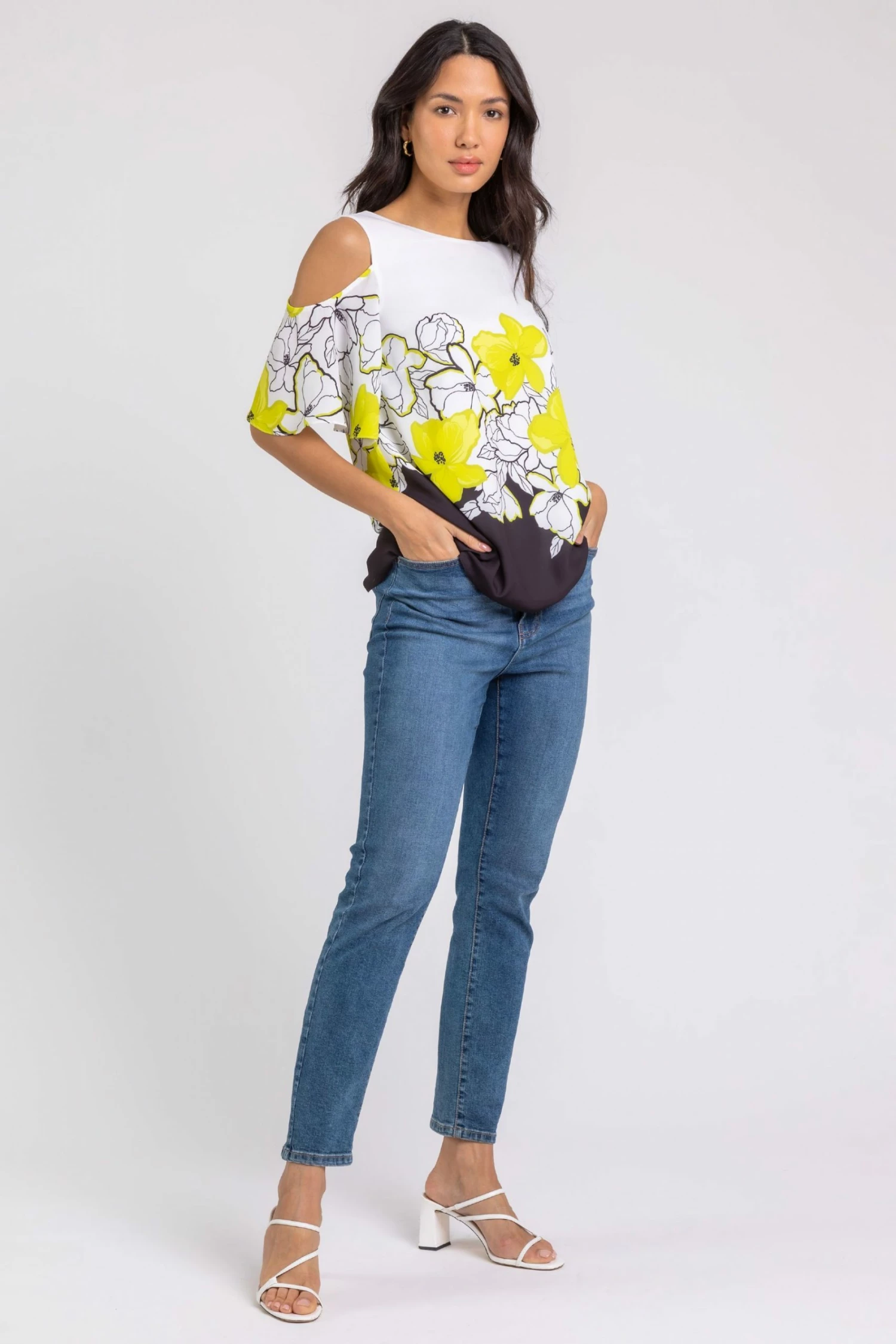 Roman Green Floral Placement Print Cold Shoulder Top 6 Roman Green Floral Placement Print Cold Shoulder Top - Image 4