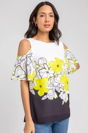 Roman Green Floral Placement Print Cold Shoulder Top 7 Roman Green Floral Placement Print Cold Shoulder Top - Image 5