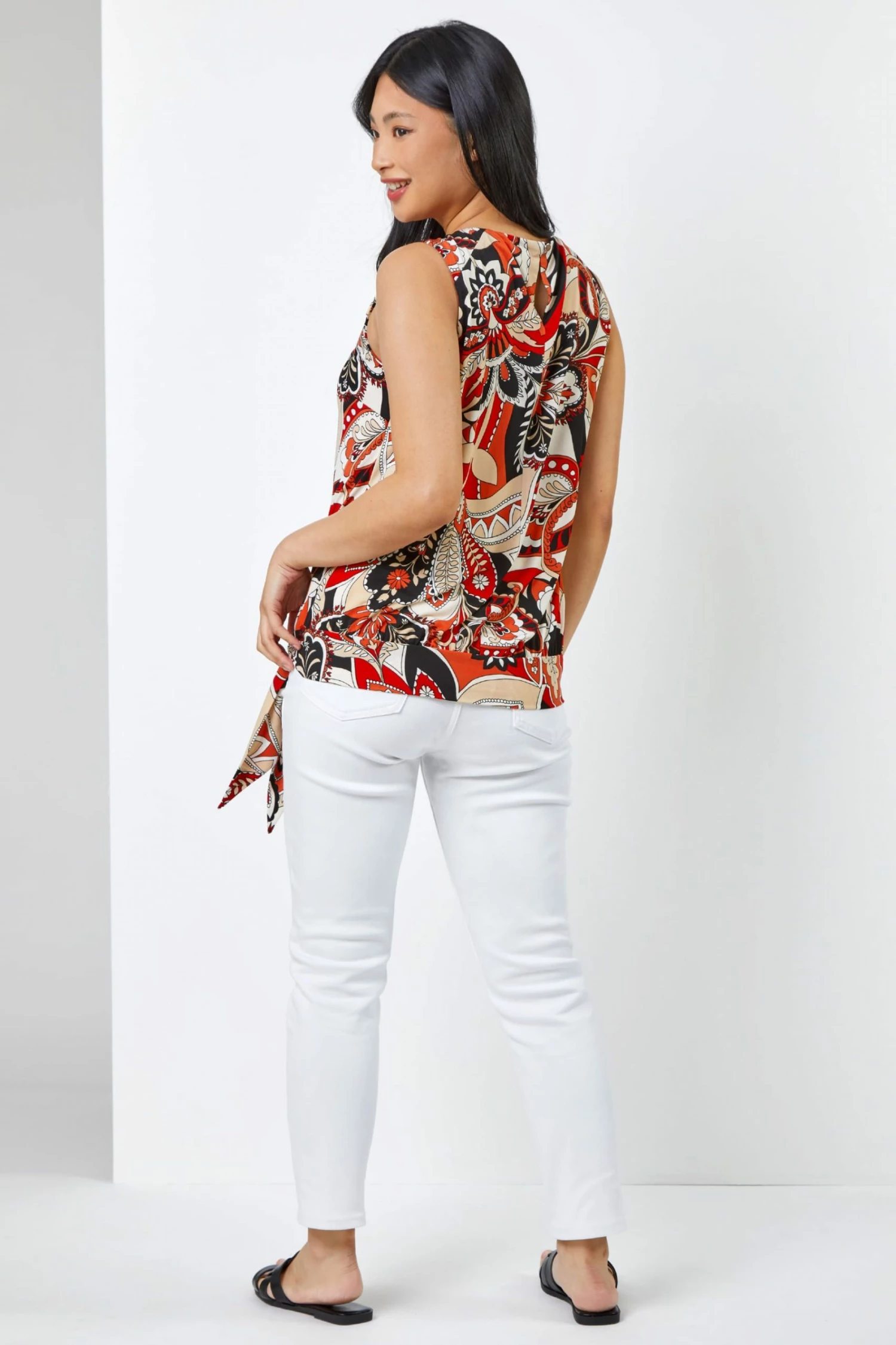 Roman Orange & Red Petite Paisley Print Necklace Detail Top 4 Roman Orange & Red Petite Paisley Print Necklace Detail Top - Image 2