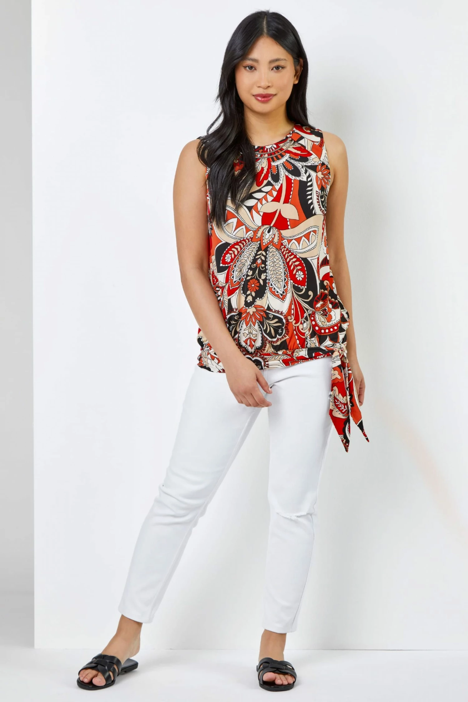 Roman Orange & Red Petite Paisley Print Necklace Detail Top 5 Roman Orange & Red Petite Paisley Print Necklace Detail Top - Image 3