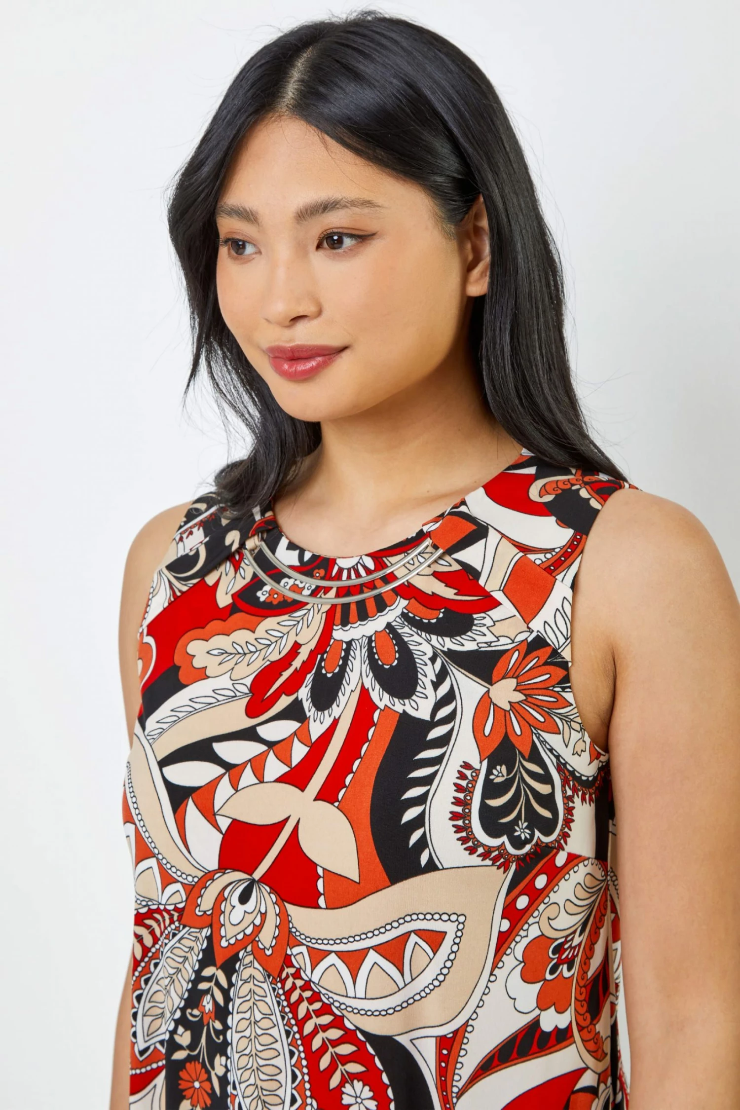 Roman Orange & Red Petite Paisley Print Necklace Detail Top 6 Roman Orange & Red Petite Paisley Print Necklace Detail Top - Image 4