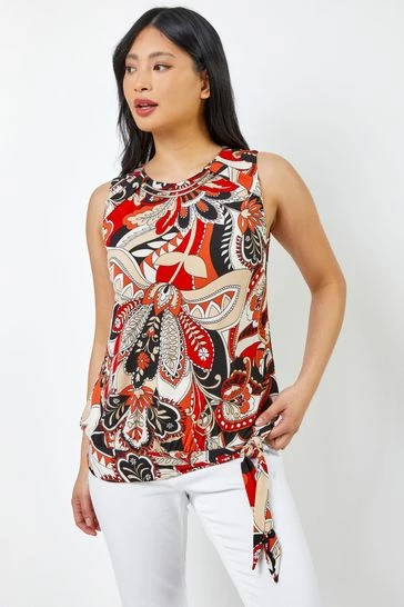 Roman Orange & Red Petite Paisley Print Necklace Detail Top 7 Roman Orange & Red Petite Paisley Print Necklace Detail Top - Image 5