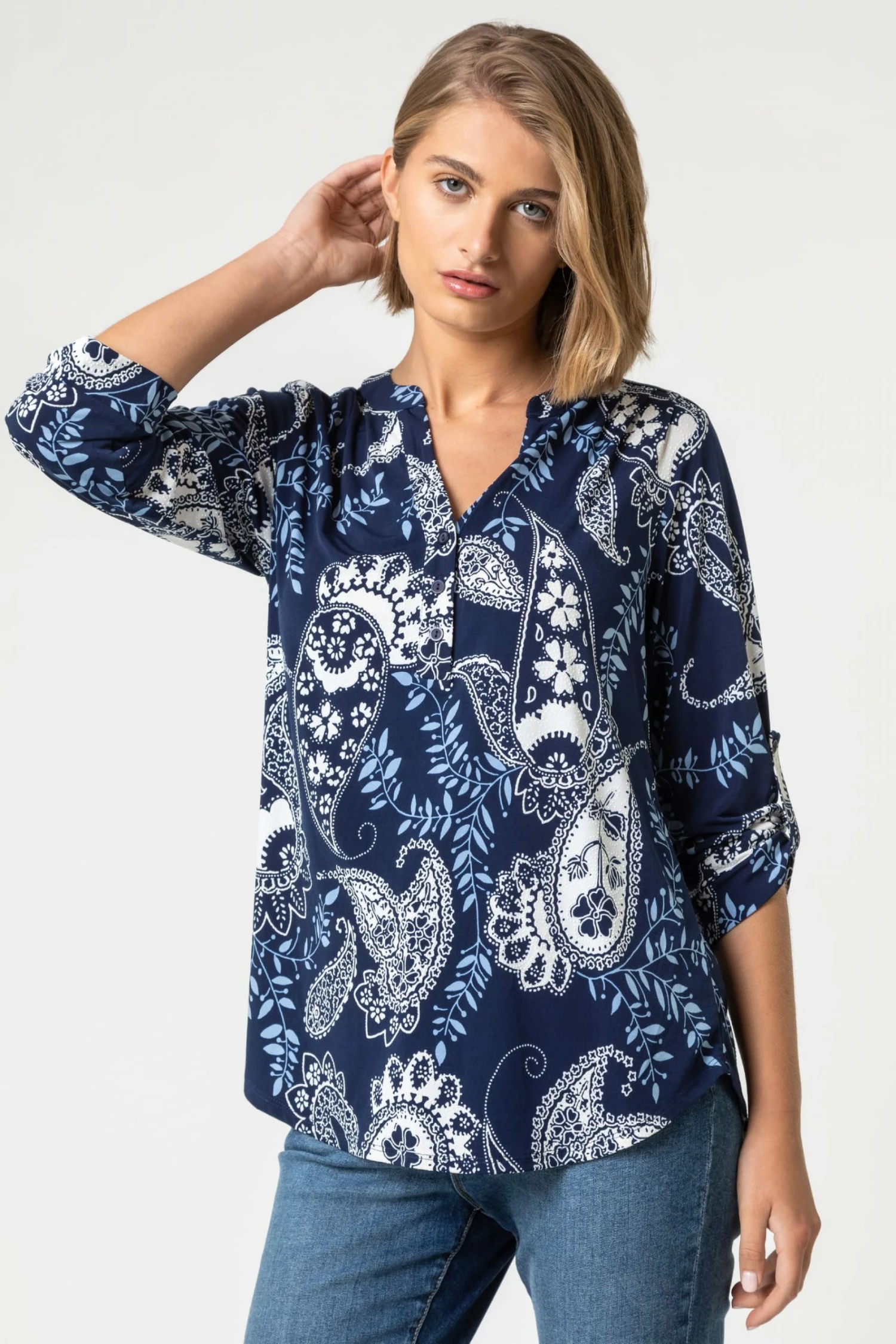 Roman Blue Paisley Puff Print Notch Neck Top 3 Roman Blue Paisley Puff Print Notch Neck Top