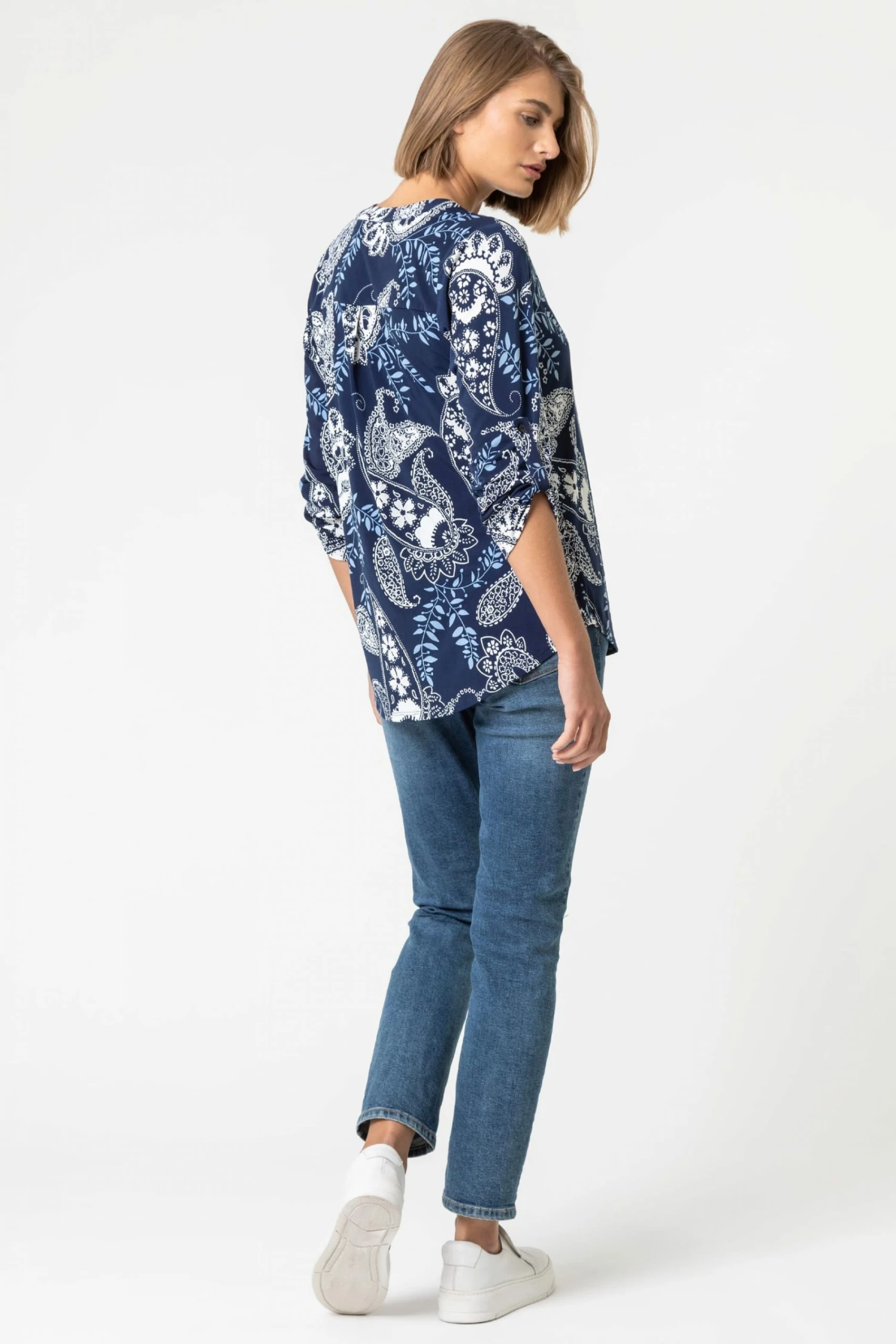 Roman Blue Paisley Puff Print Notch Neck Top 4 Roman Blue Paisley Puff Print Notch Neck Top - Image 2