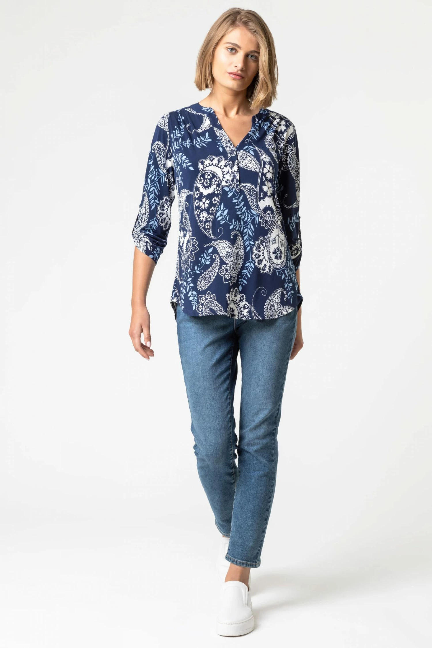 Roman Blue Paisley Puff Print Notch Neck Top 5 Roman Blue Paisley Puff Print Notch Neck Top - Image 3