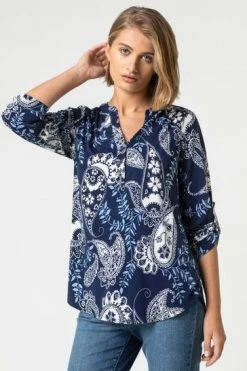 Roman Blue Paisley Puff Print Notch Neck Top 11 Roman Blue Paisley Puff Print Notch Neck Top -Roman Sales Shop unnamed file 5718