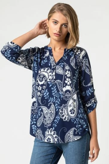 Roman Blue Paisley Puff Print Notch Neck Top 7 Roman Blue Paisley Puff Print Notch Neck Top - Image 5