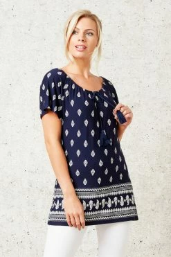 Roman Navy Paisley Print Short Sleeve Top