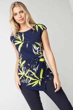 Roman Navy Tropical Leaf Print Ruched Top