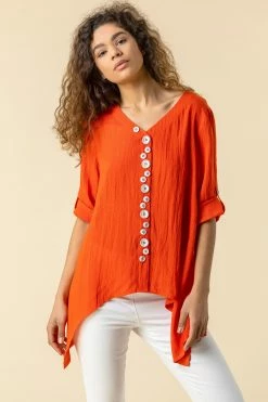 Roman Red Asymmetric Abstract Button Detail Top