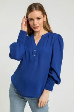 Roman Blue Petite Plain Buttoned Shirred Cuff Top