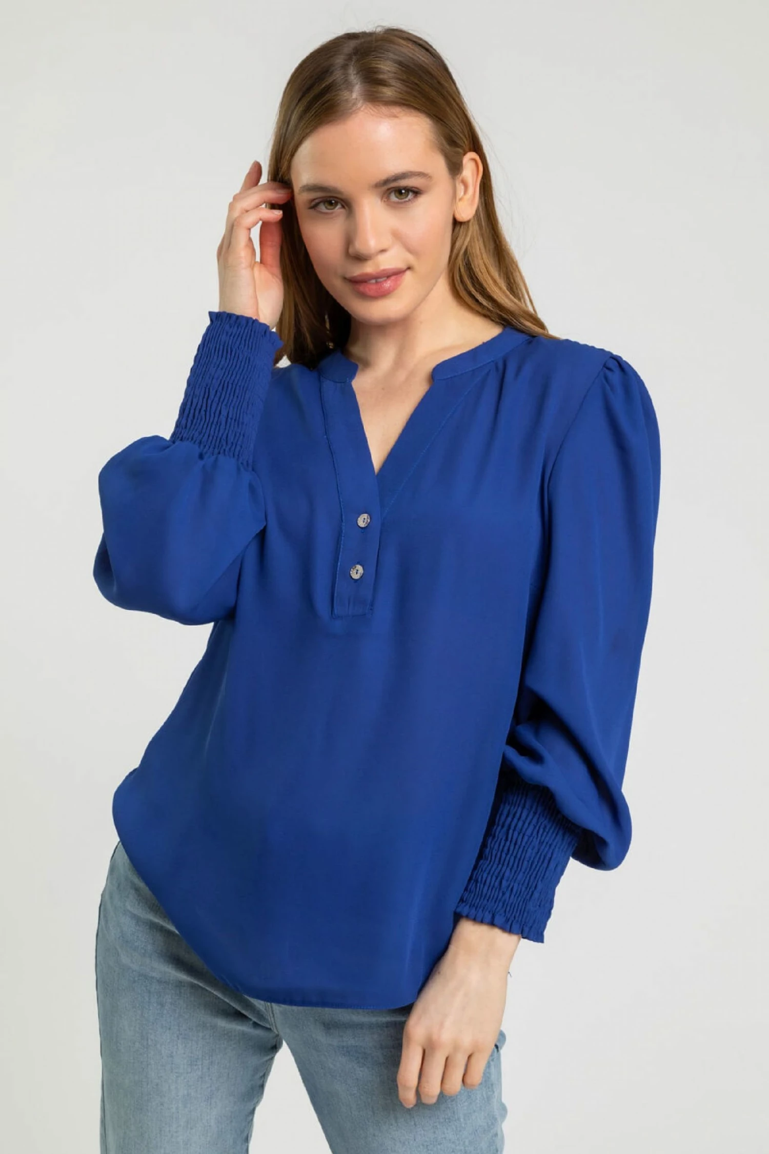 Roman Blue Petite Plain Buttoned Shirred Cuff Top 3 Roman Blue Petite Plain Buttoned Shirred Cuff Top